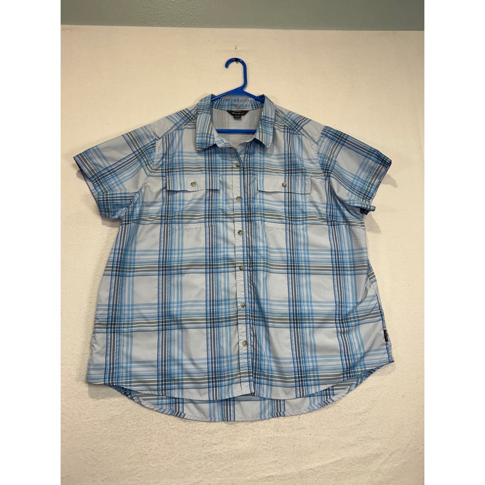 Eddie Bauer Mens XXL Short Sleeve Plaid Button Down Shirt Blue Mesh Lined Hiking